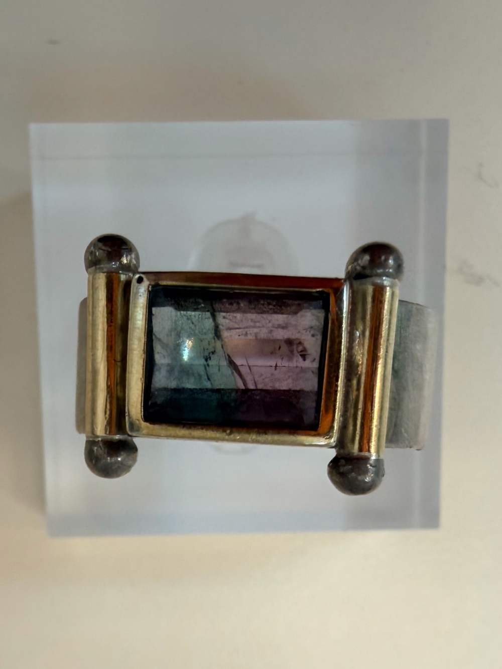 Silver-Tone Iridescent Rectangular Stone Wide Band Statement Ring Size 8–8.5 - Picture 8 of 15